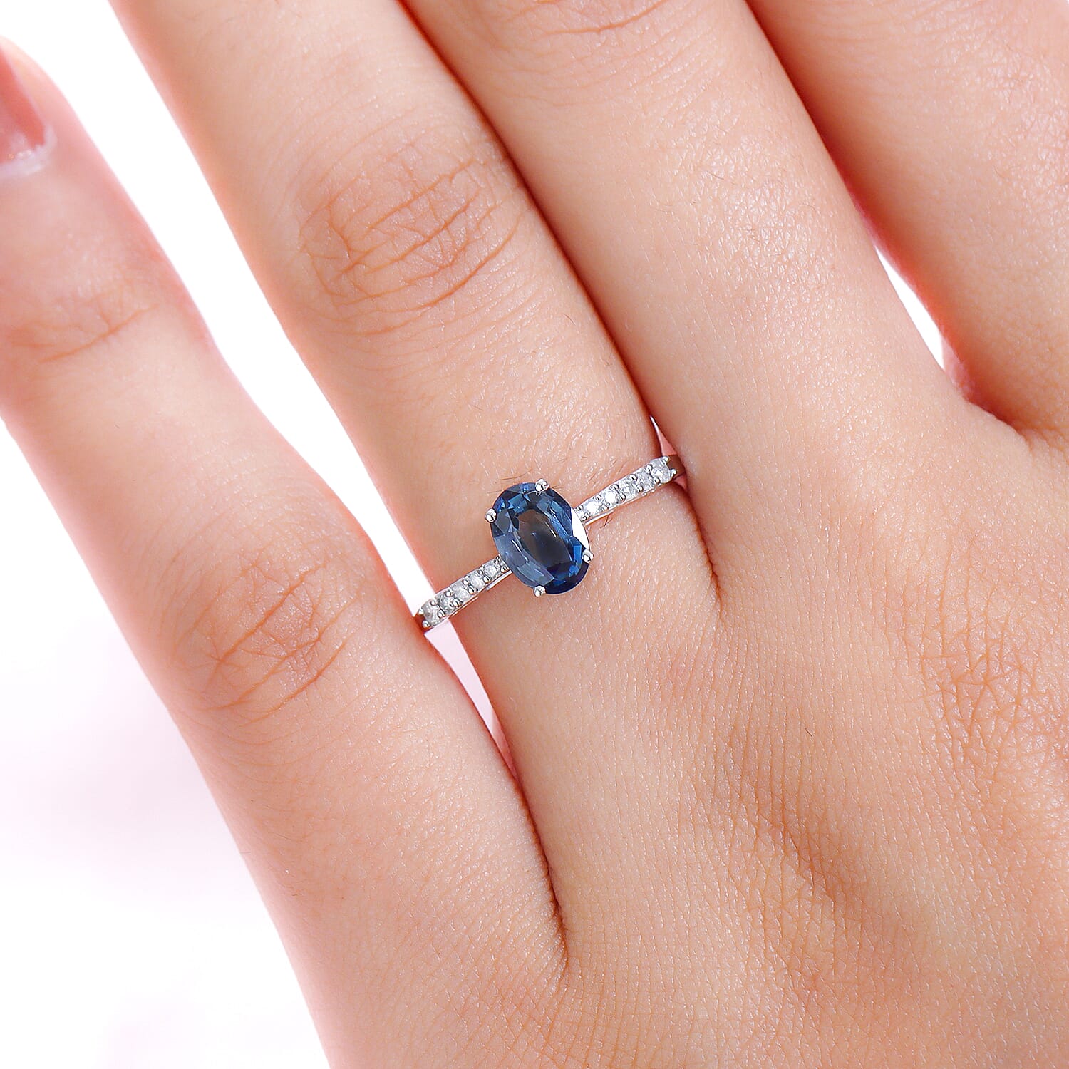 9K White Gold  AAA   Ocean Teal Sapphire ,  White Diamond  Ring 1.04 ct,  Gold Wt. 1.30 Gms