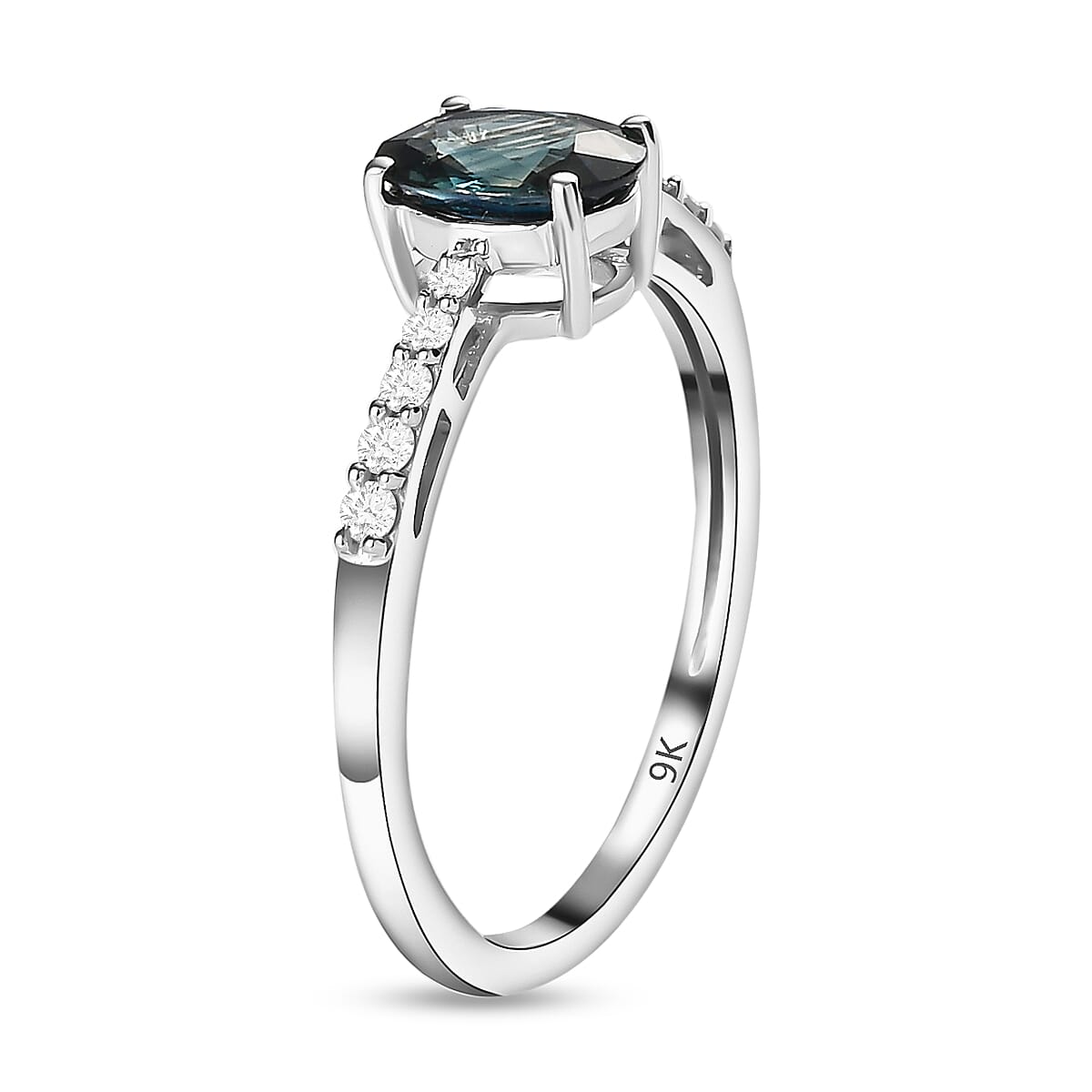 9K White Gold  AAA   Ocean Teal Sapphire ,  White Diamond  Ring 1.04 ct,  Gold Wt. 1.30 Gms
