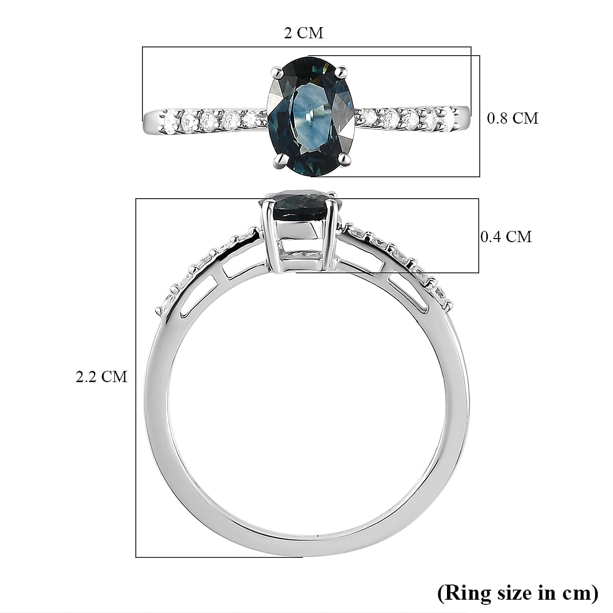 9K White Gold  AAA   Ocean Teal Sapphire ,  White Diamond  Ring 1.04 ct,  Gold Wt. 1.30 Gms