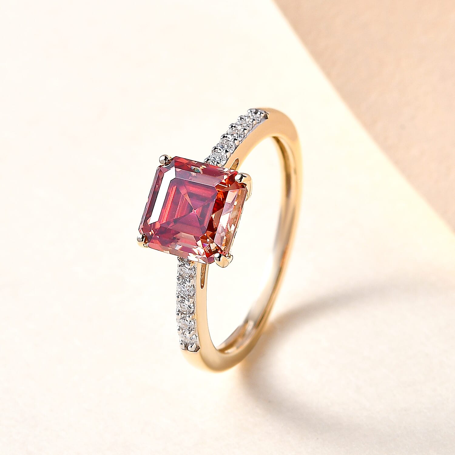 9K Yellow Gold Red Moissanite and Moissanite Ring 1.87 Ct.