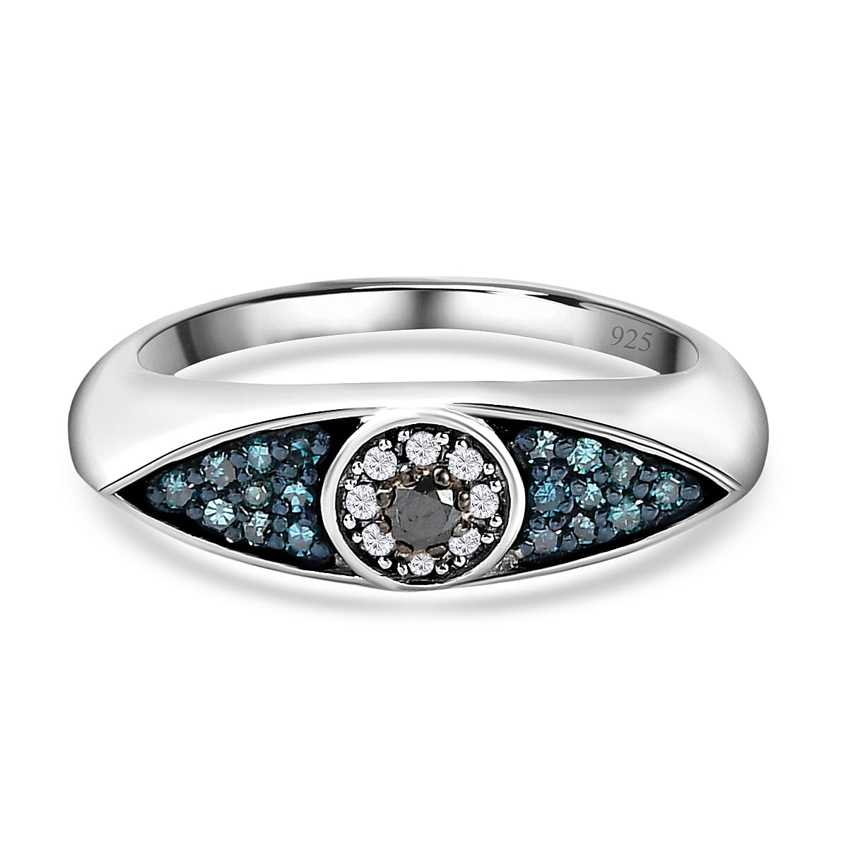 White Diamond and Blue Diamond Ring in Platinum Overlay Sterling Silver 0.25 Ct.