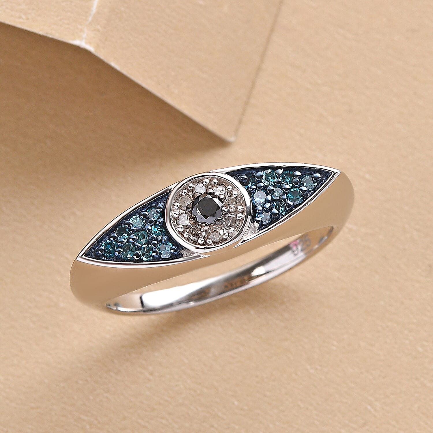 White Diamond and Blue Diamond Ring in Platinum Overlay Sterling Silver 0.25 Ct.