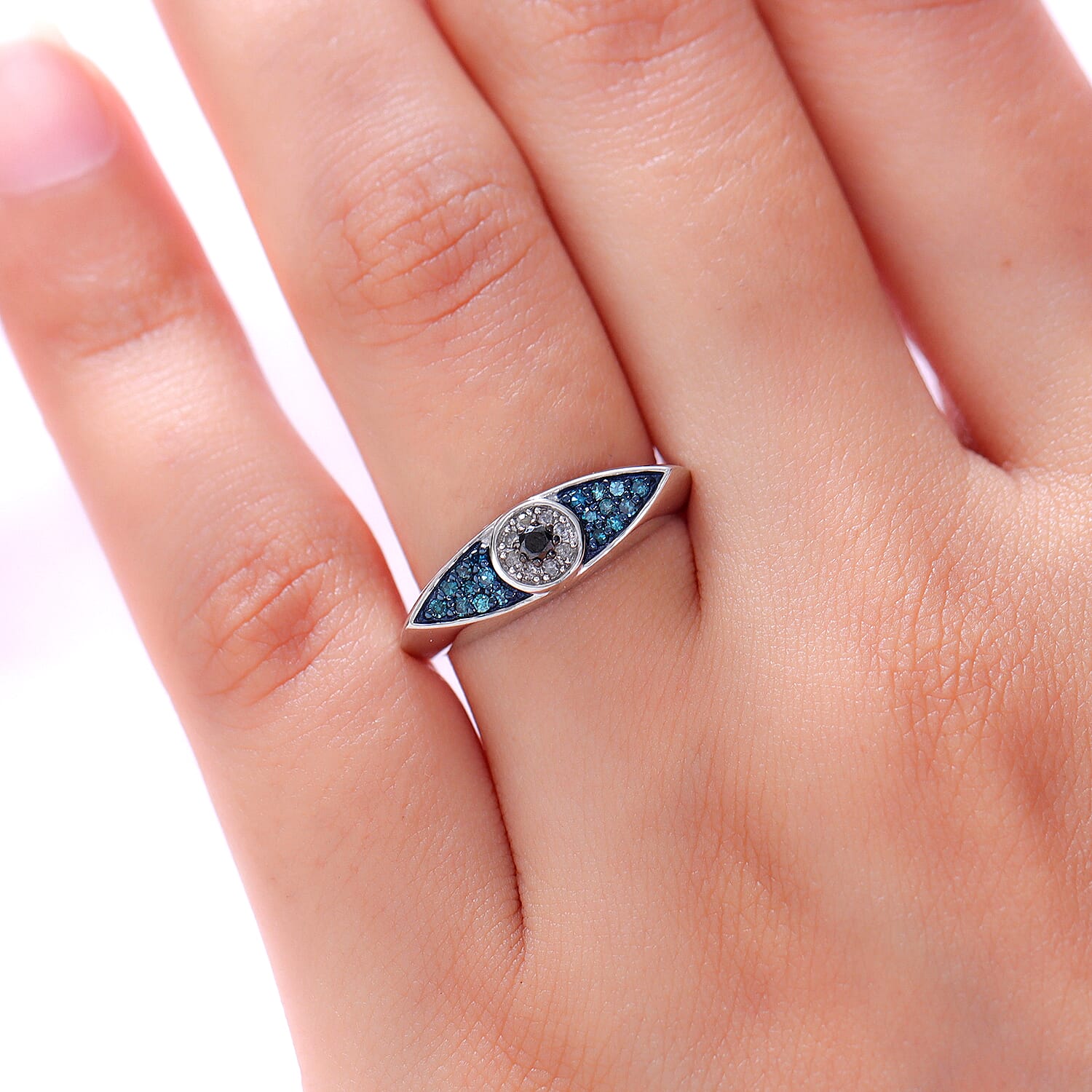 White Diamond and Blue Diamond Ring in Platinum Overlay Sterling Silver 0.25 Ct.