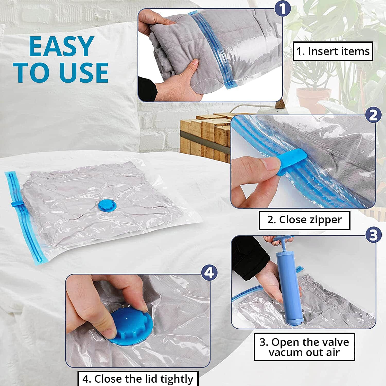 5 Piece Vacuum Compression Storage Bags (Size 27x19 & 19x15 inch) with Hand Pump