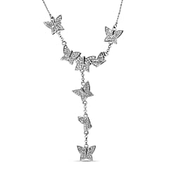 Diamond Butterfly Lariat Necklace (Size - 18 with 2 inch Extender) in Platinum Overlay Sterling Silver 1.00 Ct, Silver Wt. 8.08 Gms