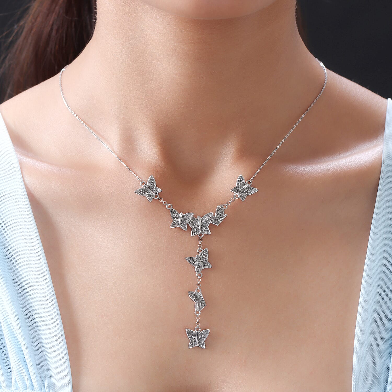 Diamond Butterfly Lariat Necklace (Size - 18 with 2 inch Extender) in Platinum Overlay Sterling Silver 1.00 Ct, Silver Wt. 8.08 Gms