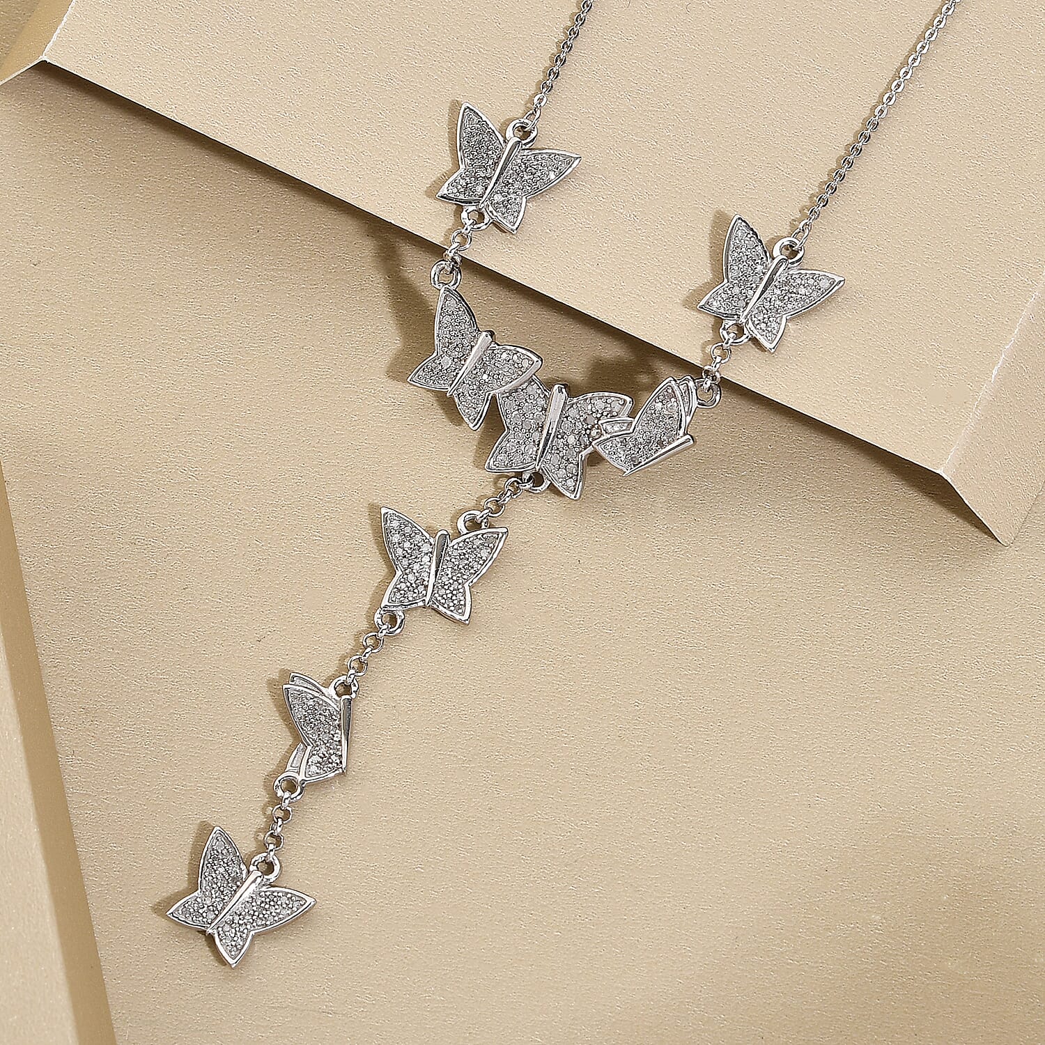 Diamond Butterfly Lariat Necklace (Size - 18 with 2 inch Extender) in Platinum Overlay Sterling Silver 1.00 Ct, Silver Wt. 8.08 Gms