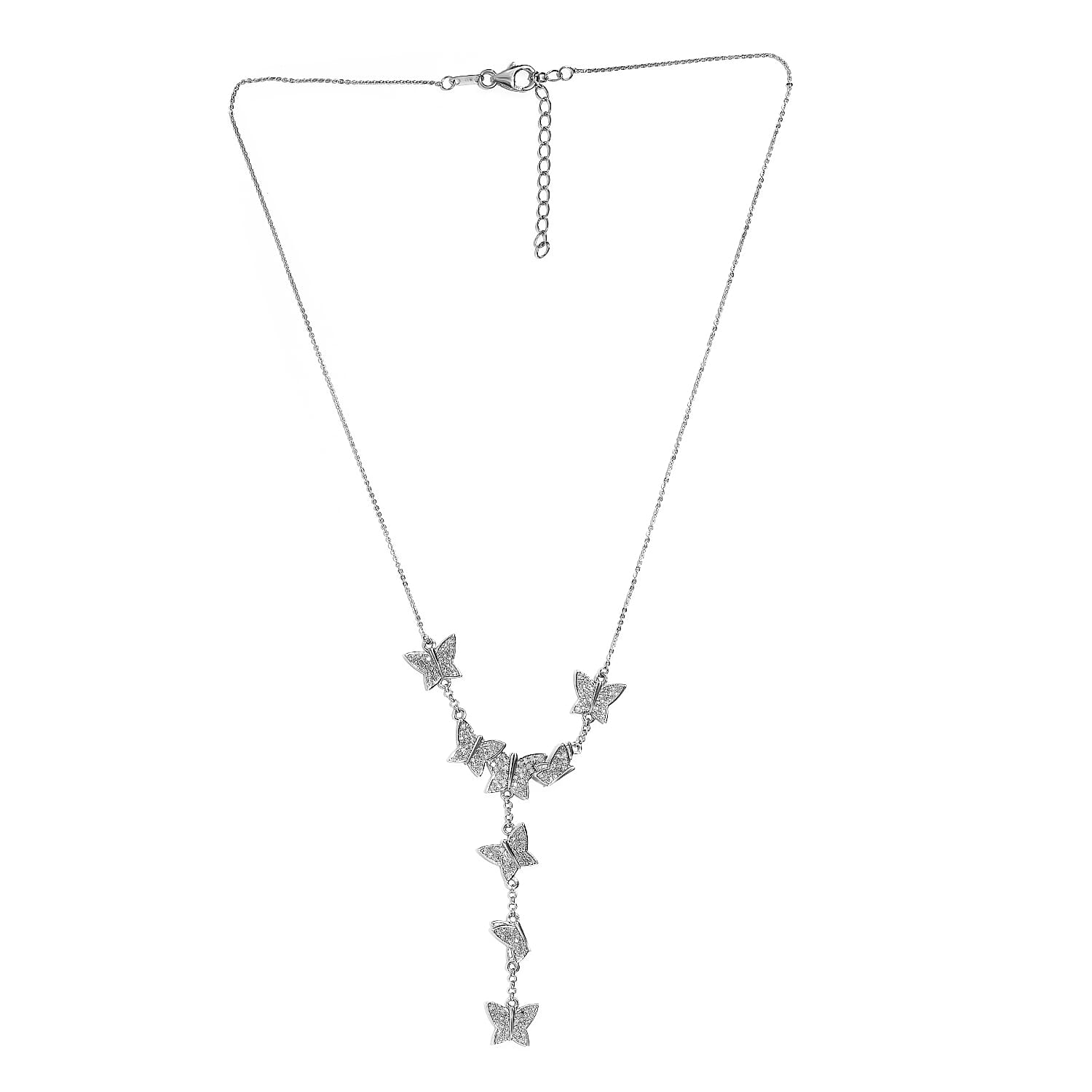 Diamond Butterfly Lariat Necklace (Size - 18 with 2 inch Extender) in Platinum Overlay Sterling Silver 1.00 Ct, Silver Wt. 8.08 Gms