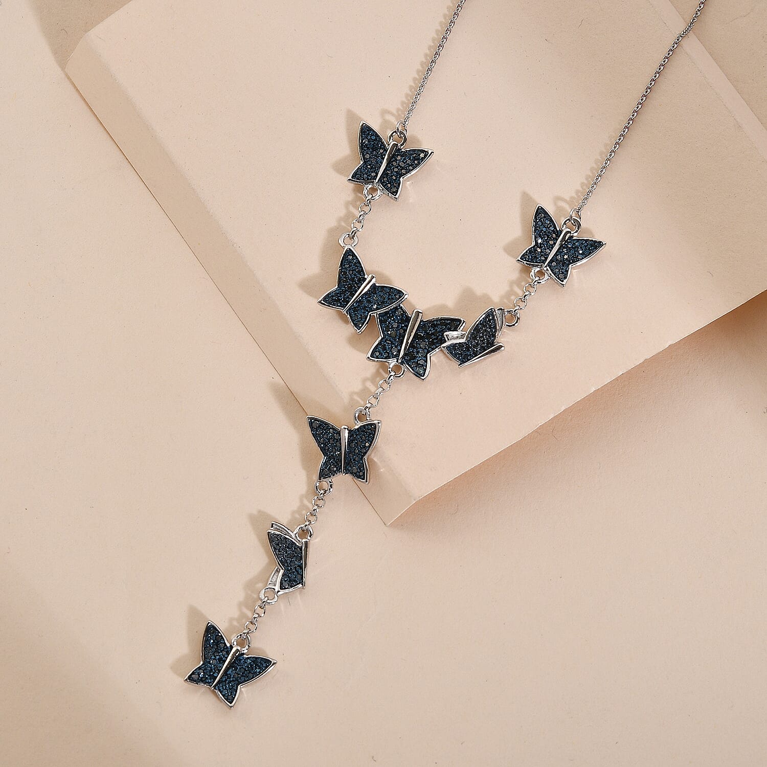 Designer Inspired- Blue Diamond Butterfly Lariat Necklace (Size -18-2 Inch Ext.) in Platinum and Blue Overlay Sterling Silver 1.00 Ct,