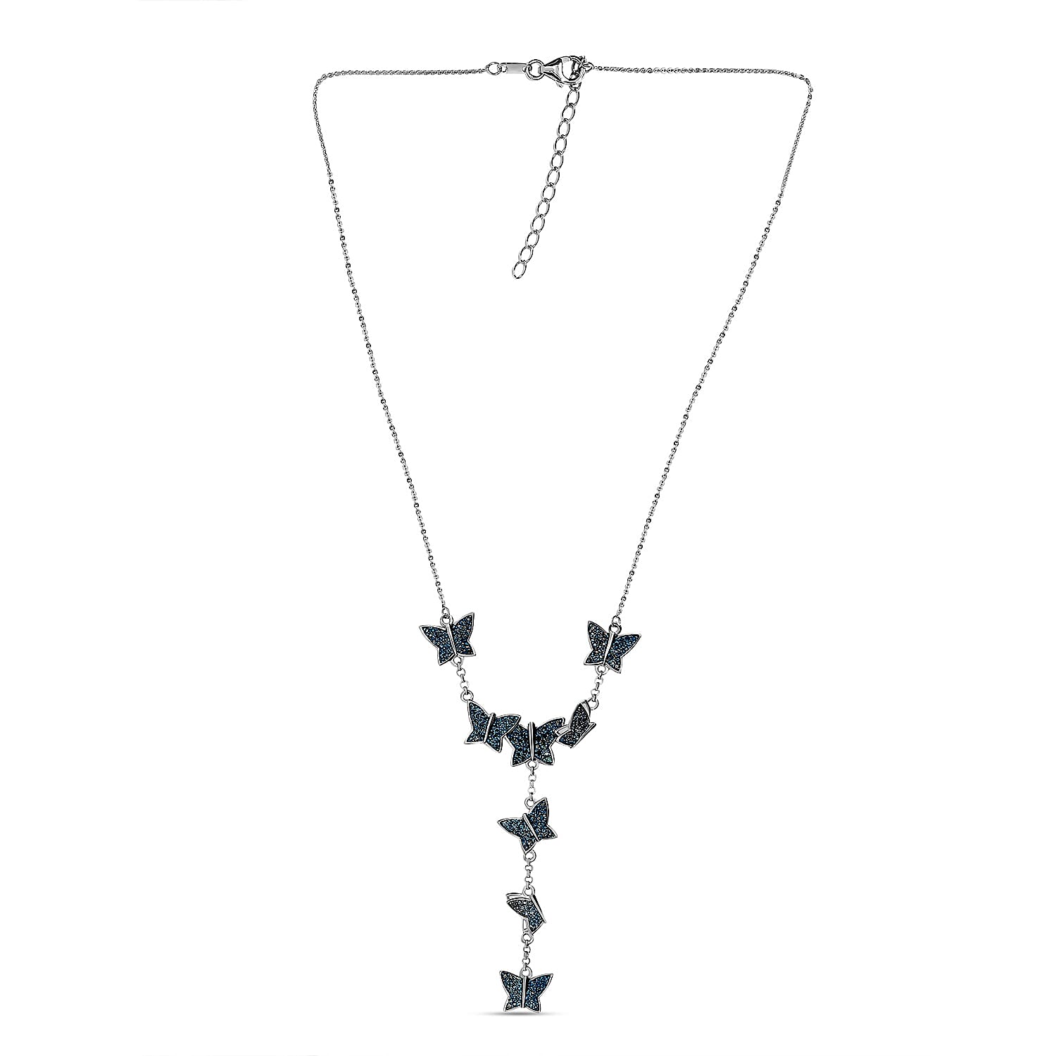 Designer Inspired- Blue Diamond Butterfly Lariat Necklace (Size -18-2 Inch Ext.) in Platinum and Blue Overlay Sterling Silver 1.00 Ct,