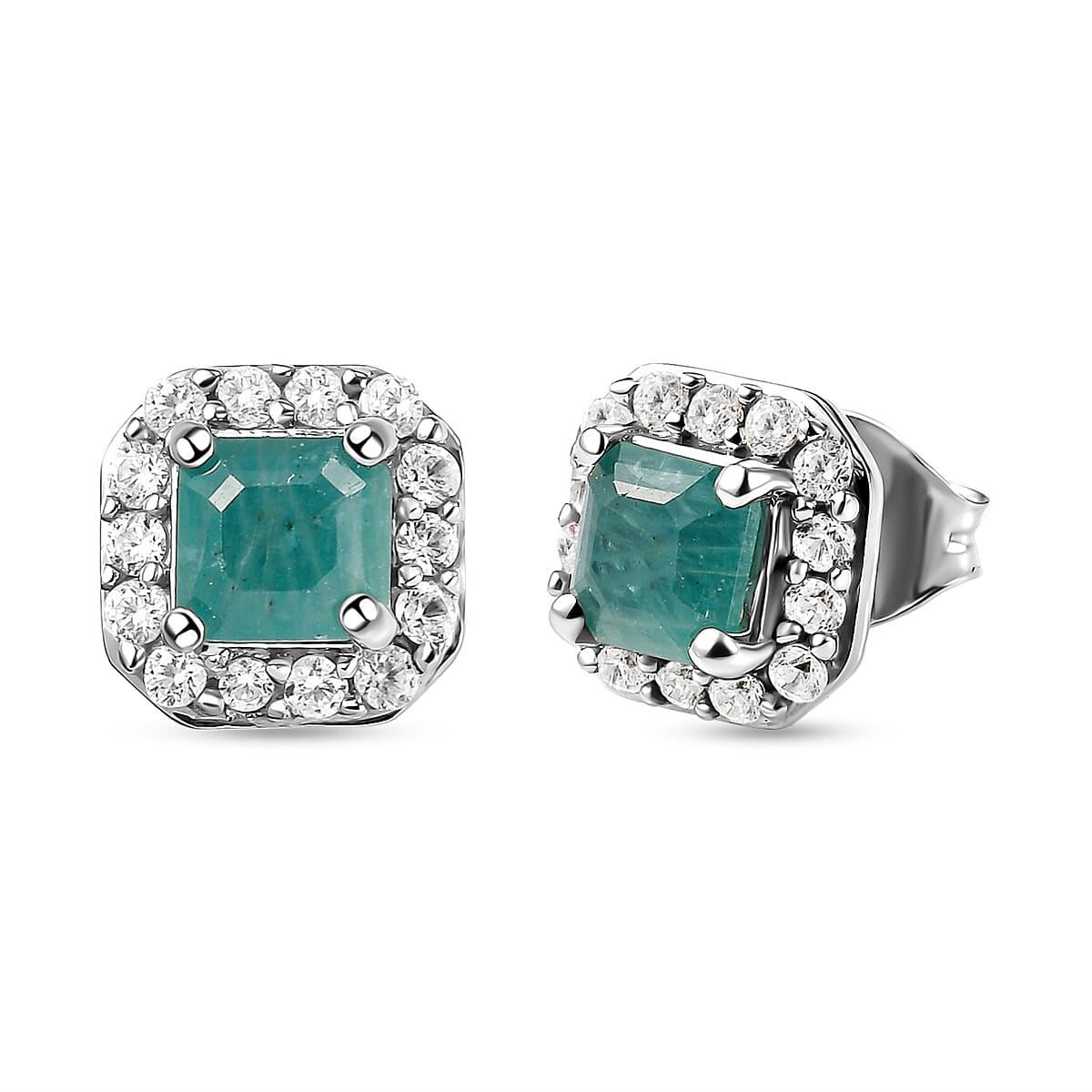 Grandidierite (Asscher Cut) and Natural Cambodian Zircon Stud Earrings (With Push Back) in Platinum Overlay Sterling Silver 1.75 Ct.
