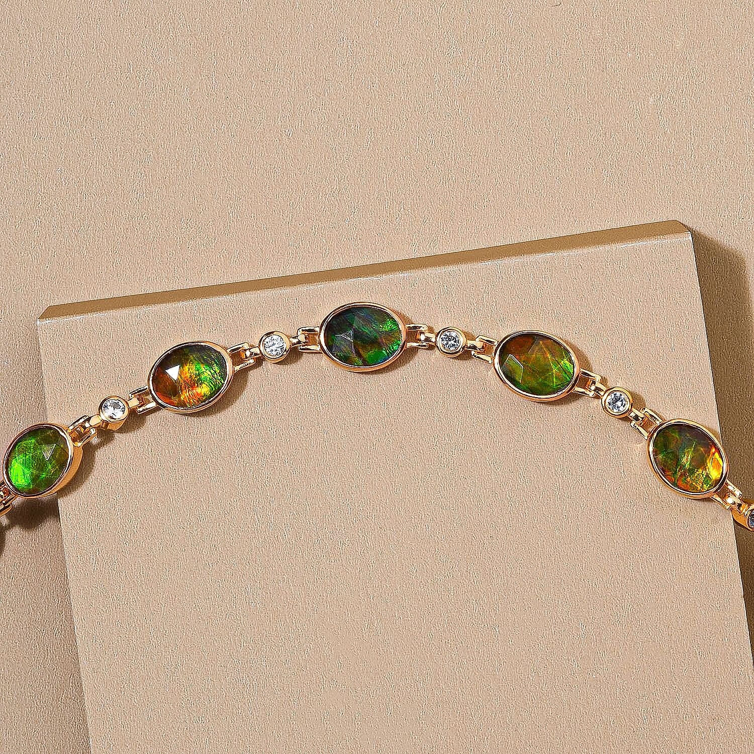 AA Ammolite and Natural Cambodian Zircon Bracelet (Size - 8) in 18K Vermeil Yellow Gold Plated Sterling Silver 17.28 Ct, Silver Wt. 14.00 Gms