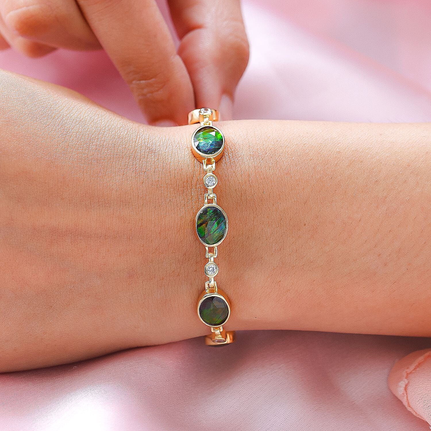 AA Ammolite and Natural Cambodian Zircon Bracelet (Size - 8) in 18K Vermeil Yellow Gold Plated Sterling Silver 17.28 Ct, Silver Wt. 14.00 Gms