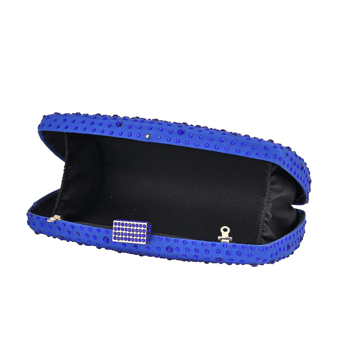 Crystal Decorative Clutch Bag with Long Chain Strap - Dark Blue
