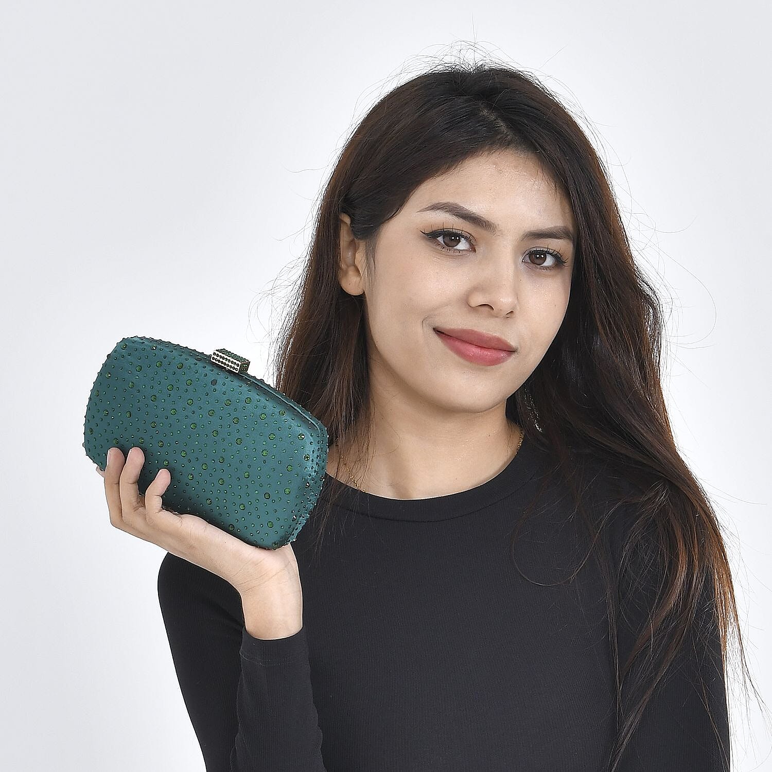 Crystal Decorative Clutch Bag with Long Chain Strap (Size 18x11x3 cm) - Dark Green