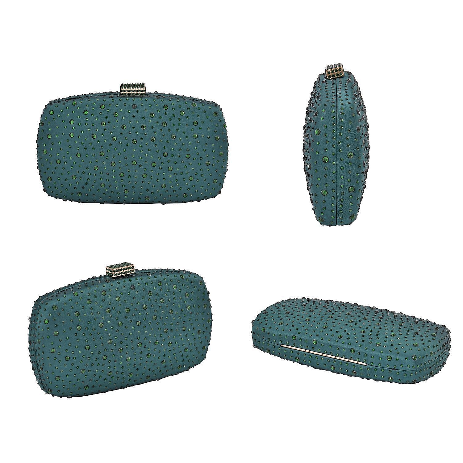 Crystal Decorative Clutch Bag with Long Chain Strap (Size 18x11x3 cm) - Dark Green