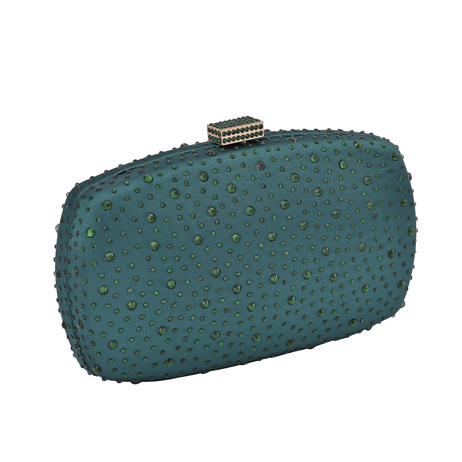 Crystal Decorative Clutch Bag with Long Chain Strap (Size 18x11x3 cm) - Dark Green