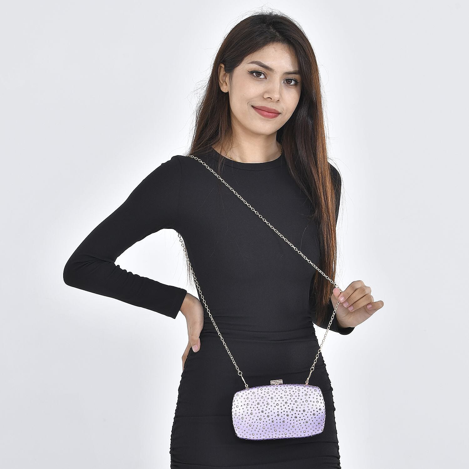Crystal Decorative Clutch Bag with Long Chain Strap (Size 19x11x4 cm)  - Lilac