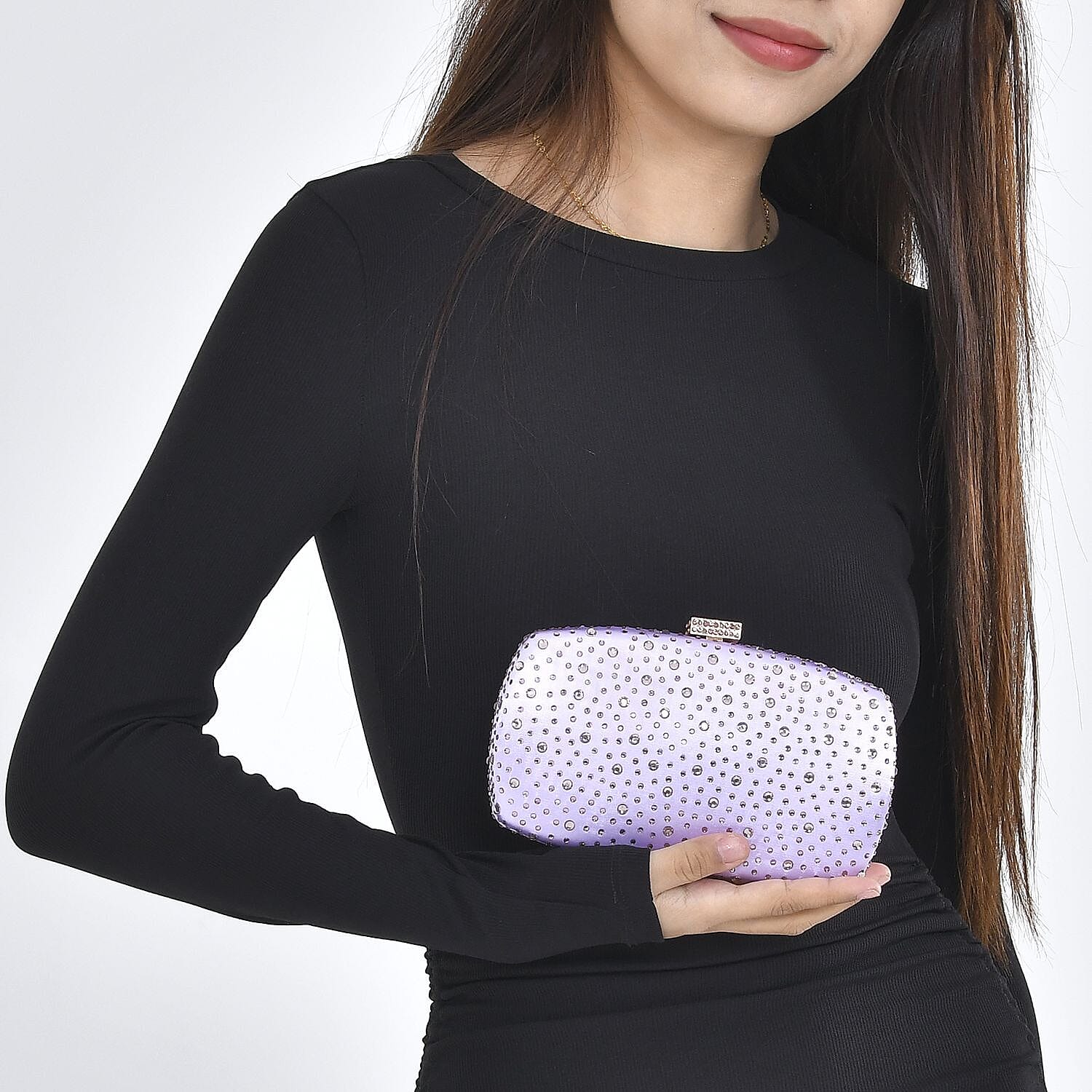 Crystal Decorative Clutch Bag with Long Chain Strap (Size 19x11x4 cm)  - Lilac