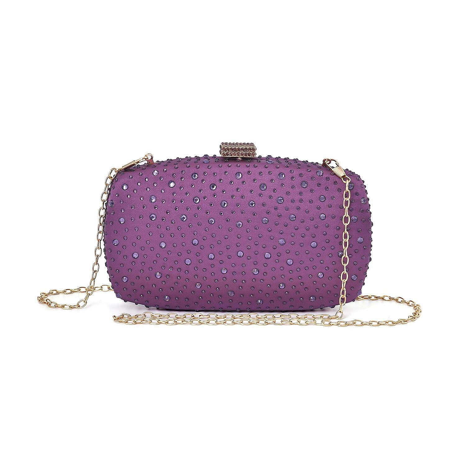 Crystal Decorative Clutch Bag with Long Chain Strap Light Purple 7063203 TJC