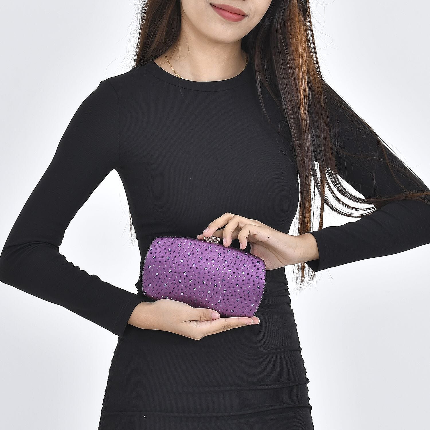 Crystal Decorative Clutch Bag with Long Chain Strap (Size 19x11x4 cm - Light Purple