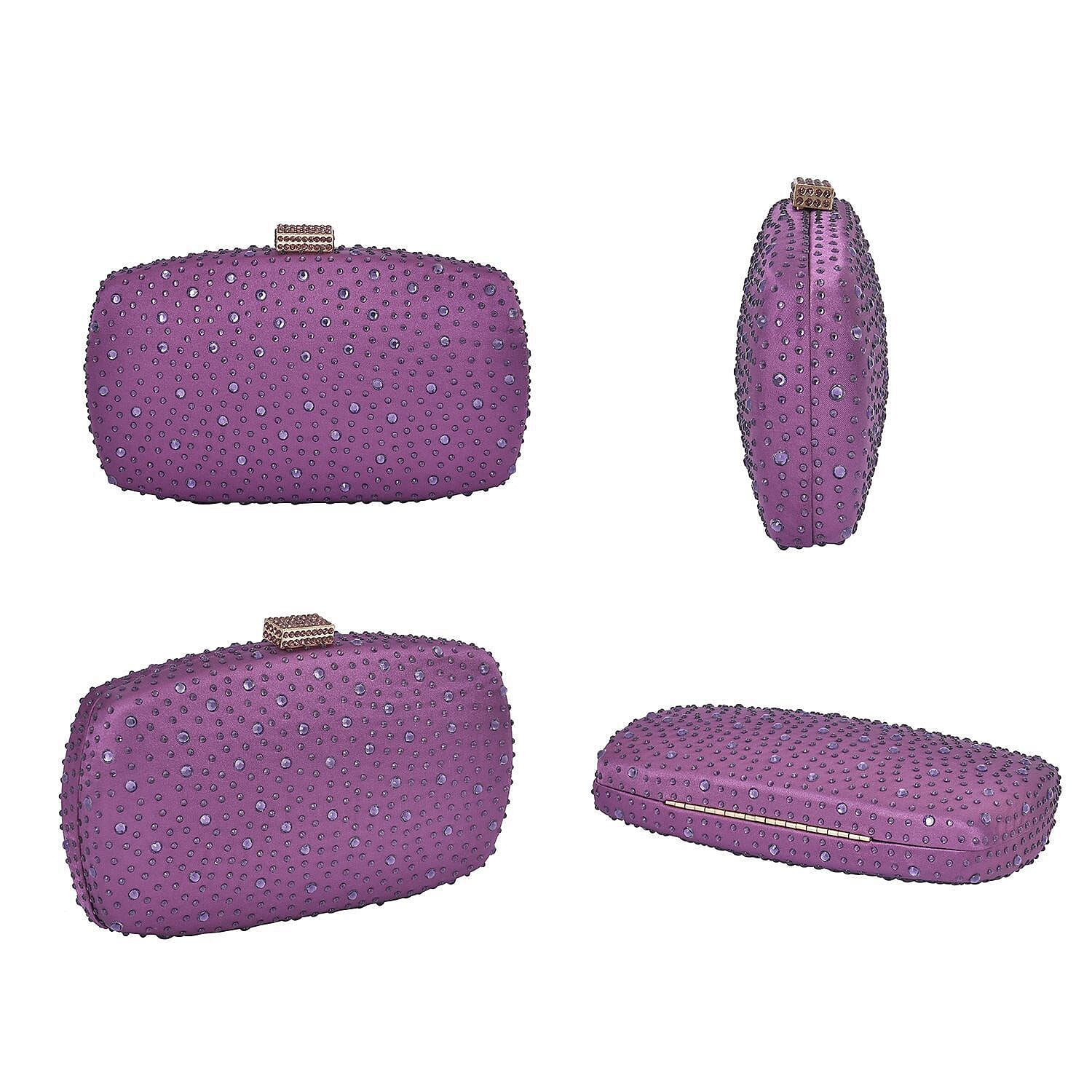 Crystal Decorative Clutch Bag with Long Chain Strap (Size 19x11x4 cm - Light Purple