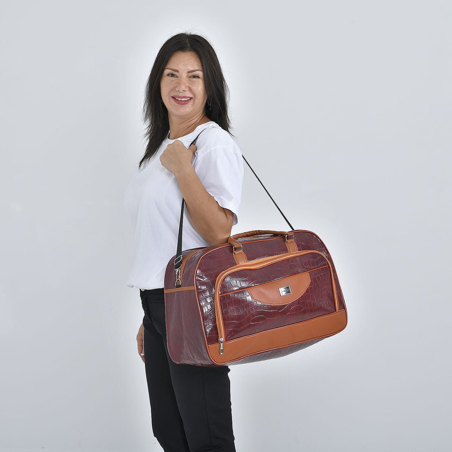Passage Croc Pattern Travel Bag (Size 55x21x34 Cm) - Burgundy & Brown