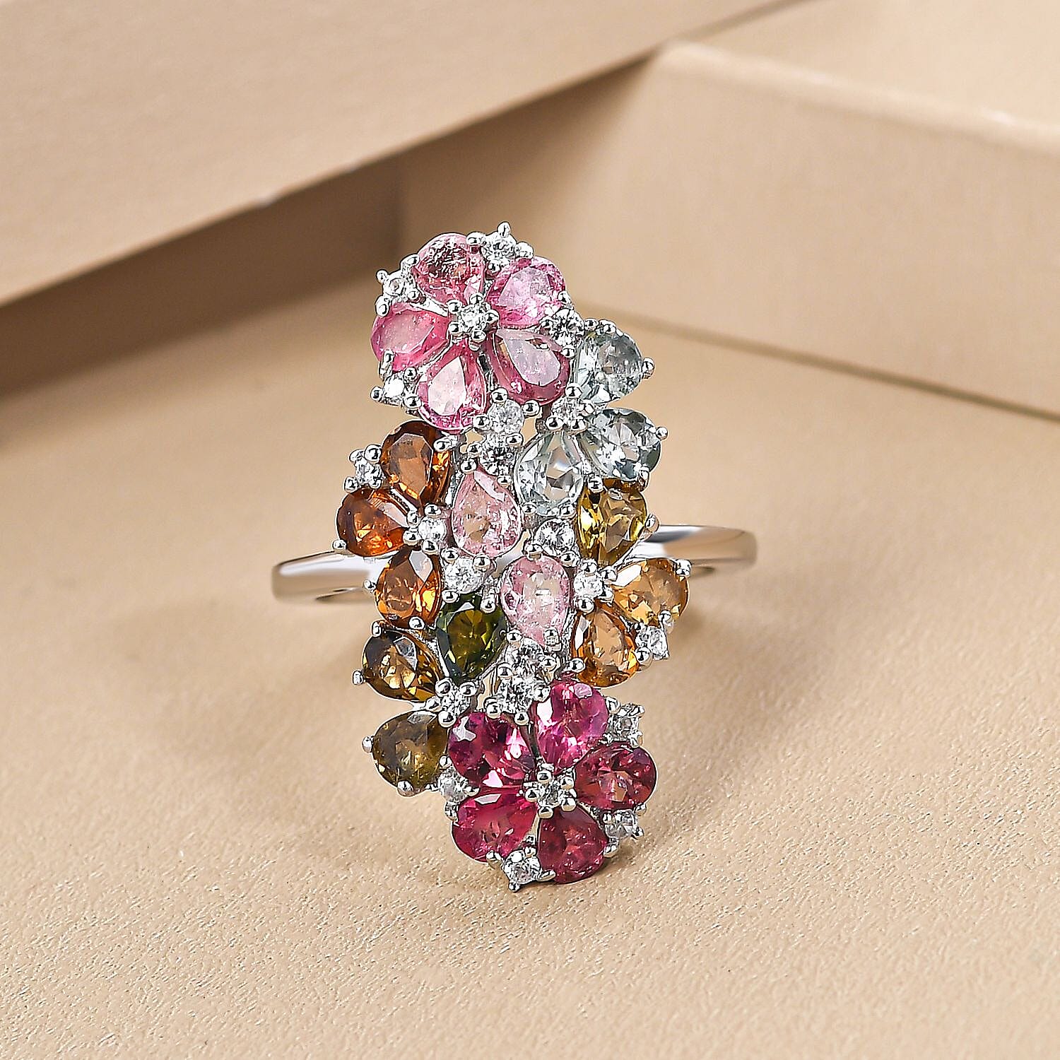 Multi-Tourmaline and Natural Zircon Ring in Platinum Overlay Sterling Silver 3.45 Ct.