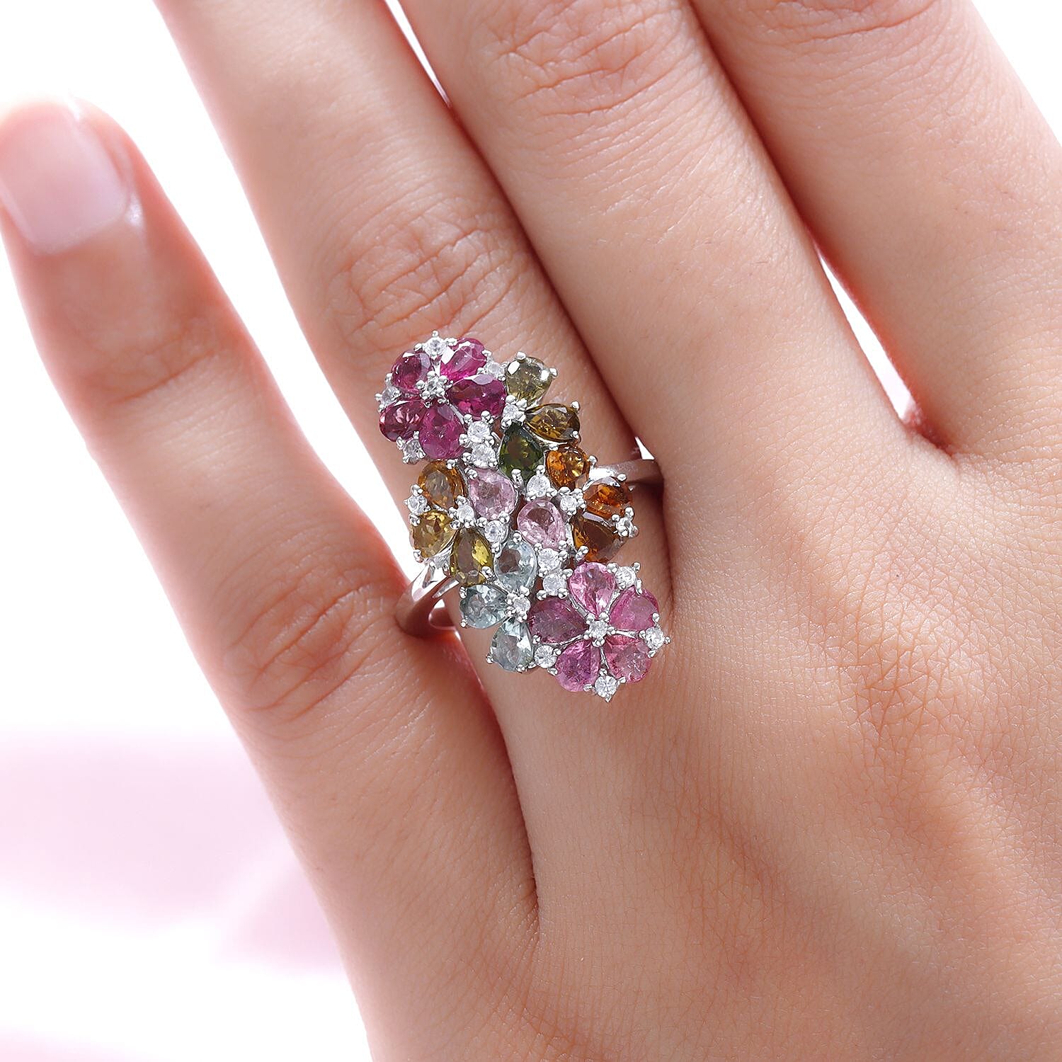 Multi-Tourmaline and Natural Zircon Ring in Platinum Overlay Sterling Silver 3.45 Ct.