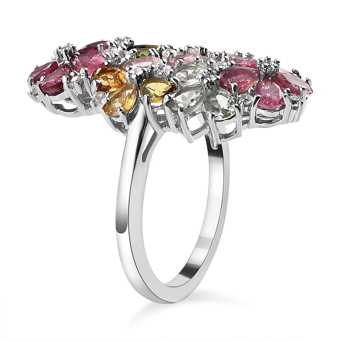 Multi-Tourmaline and Natural Zircon Ring in Platinum Overlay Sterling Silver 3.45 Ct.