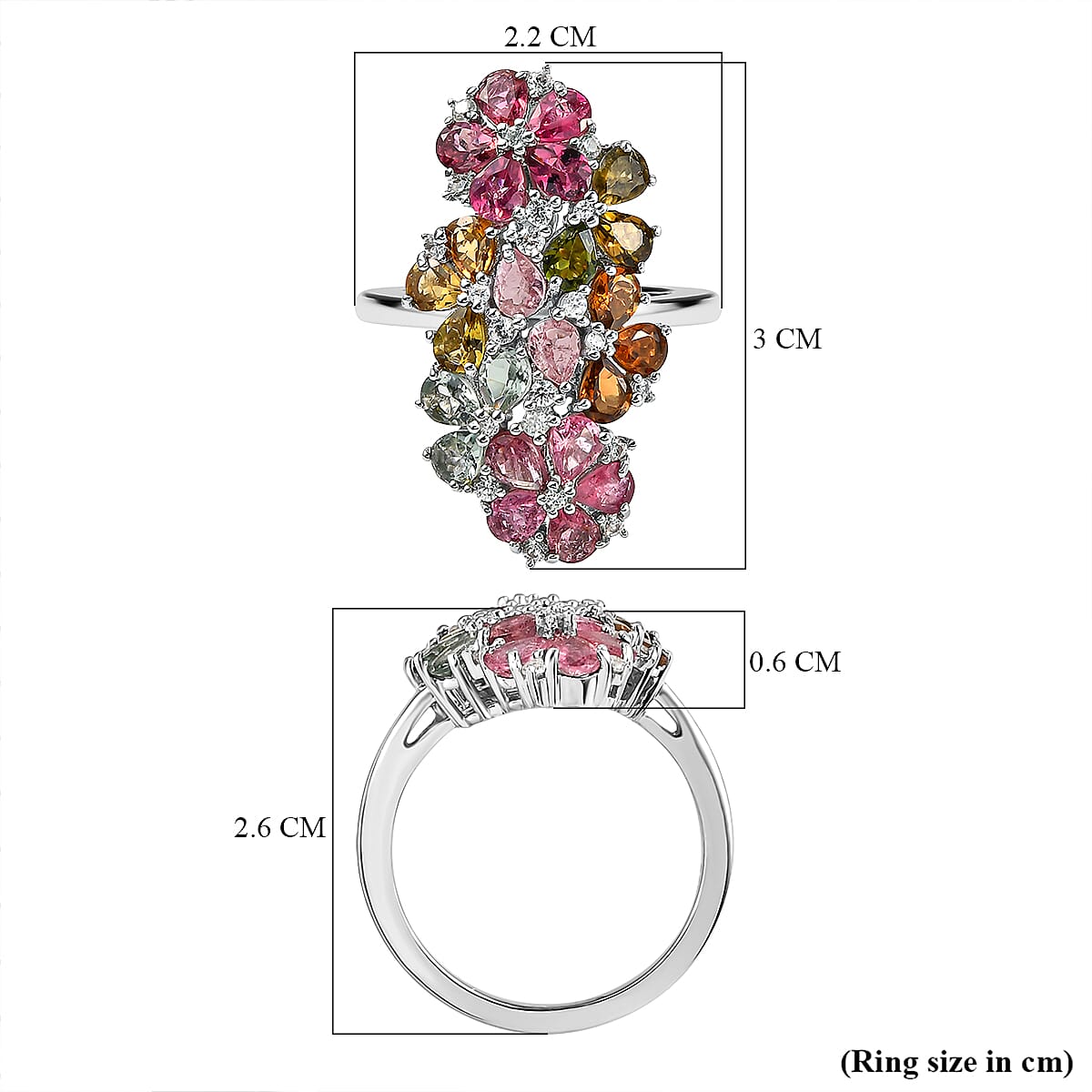 Multi-Tourmaline and Natural Zircon Ring in Platinum Overlay Sterling Silver 3.45 Ct.