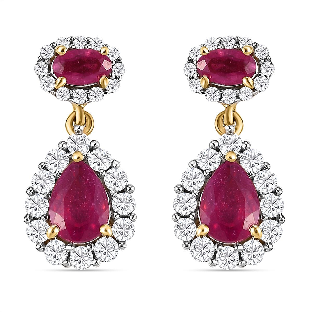 Cabo Delgado Ruby and Natural Cambodian Zircon Dangling Earrings (With Push Back) in 18K Vermeil Yellow Gold Overlay Sterling Silver 4.22 Ct.