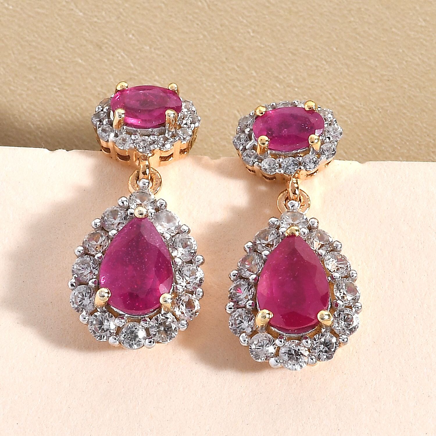 Cabo Delgado Ruby and Natural Cambodian Zircon Dangling Earrings (With Push Back) in 18K Vermeil Yellow Gold Overlay Sterling Silver 4.22 Ct.