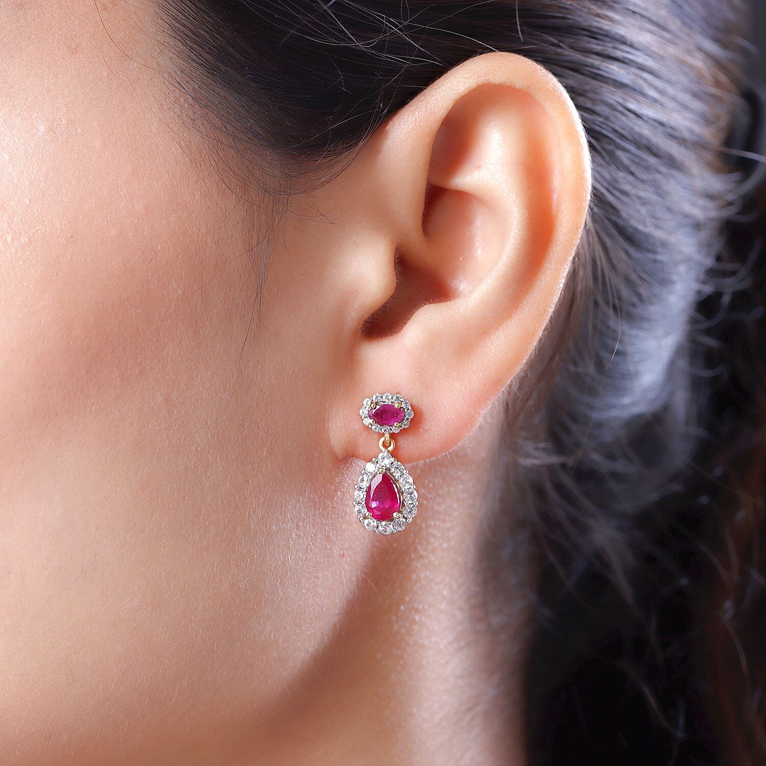 Cabo Delgado Ruby and Natural Cambodian Zircon Dangling Earrings (With Push Back) in 18K Vermeil Yellow Gold Overlay Sterling Silver 4.22 Ct.