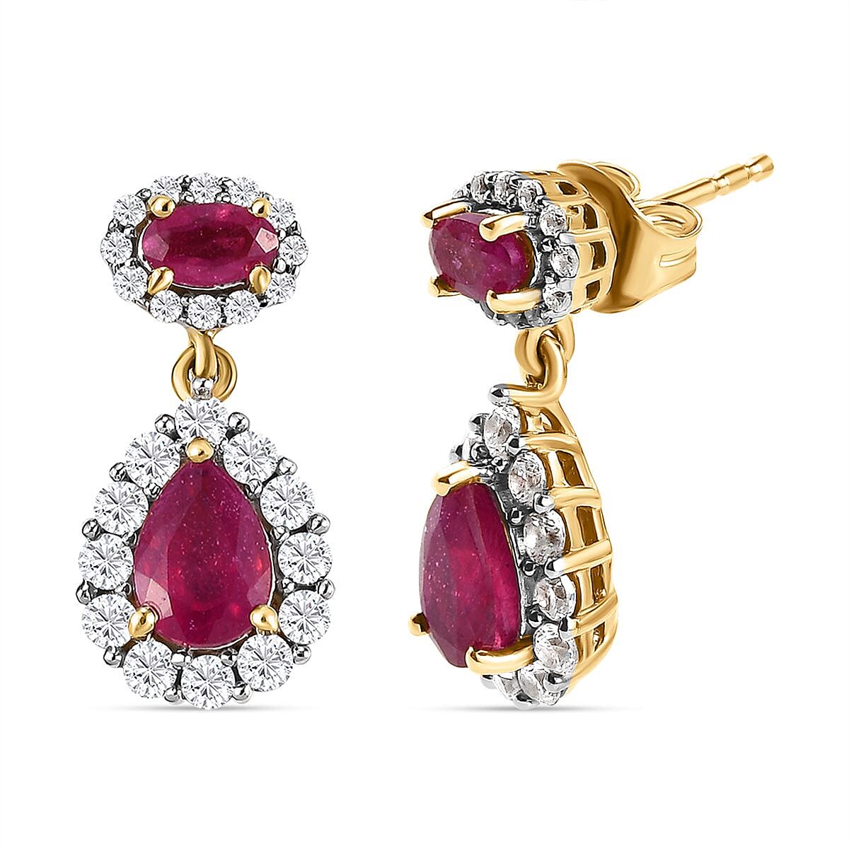 Cabo Delgado Ruby and Natural Cambodian Zircon Dangling Earrings (With Push Back) in 18K Vermeil Yellow Gold Overlay Sterling Silver 4.22 Ct.