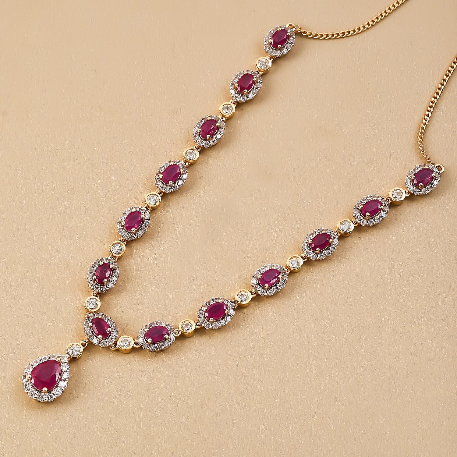 Cabo Delgado Ruby and Natural Cambodian Zircon Necklace (Size - 18) in 18K Vermeil Yellow Gold Overlay Sterling Silver 19.85 Ct, Silver Wt. 16.50 Gms