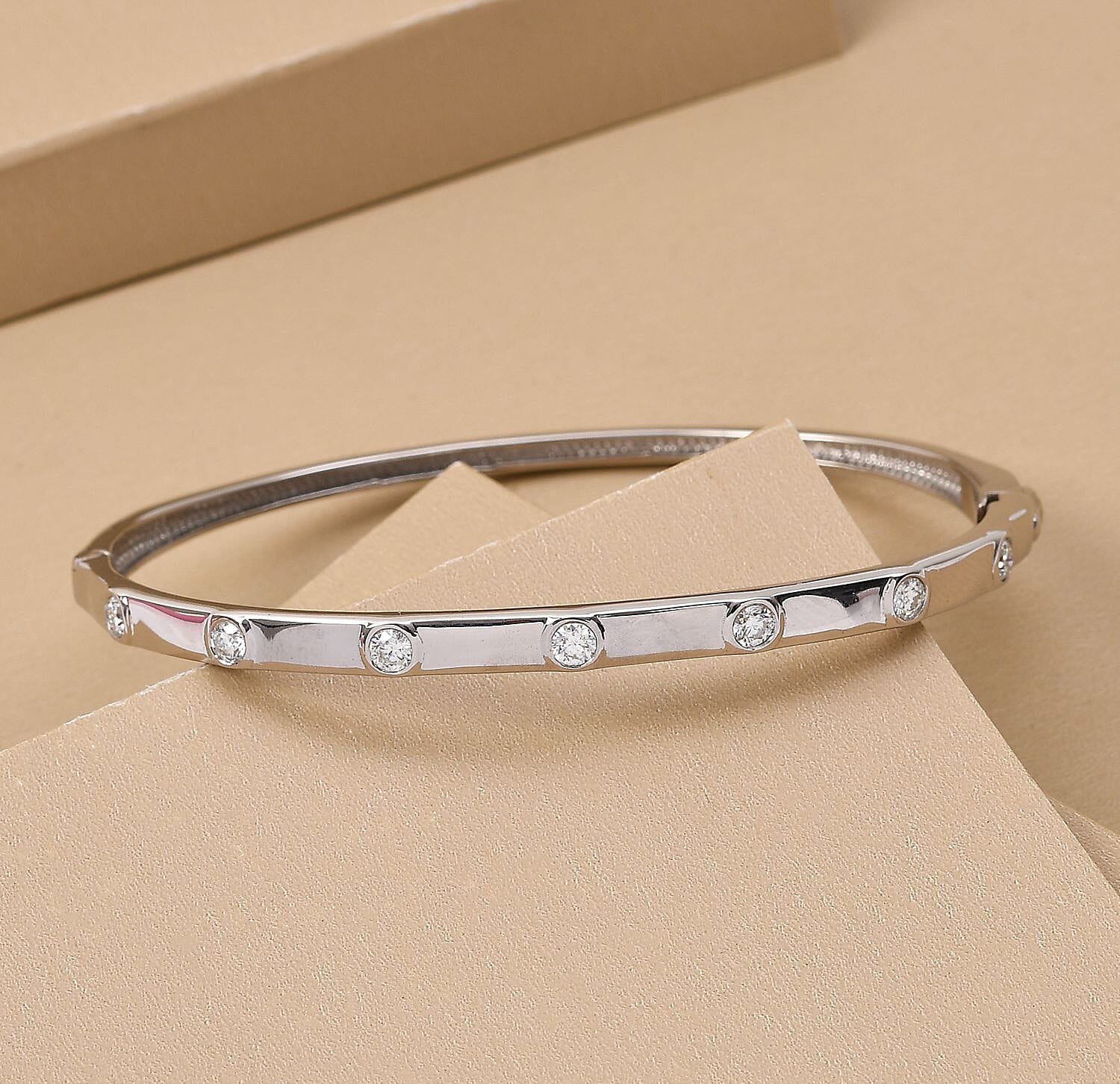Moissanite Bangle (Size 7) in Platinum Overlay Sterling Silver, Silver Wt. 10.70 Gms