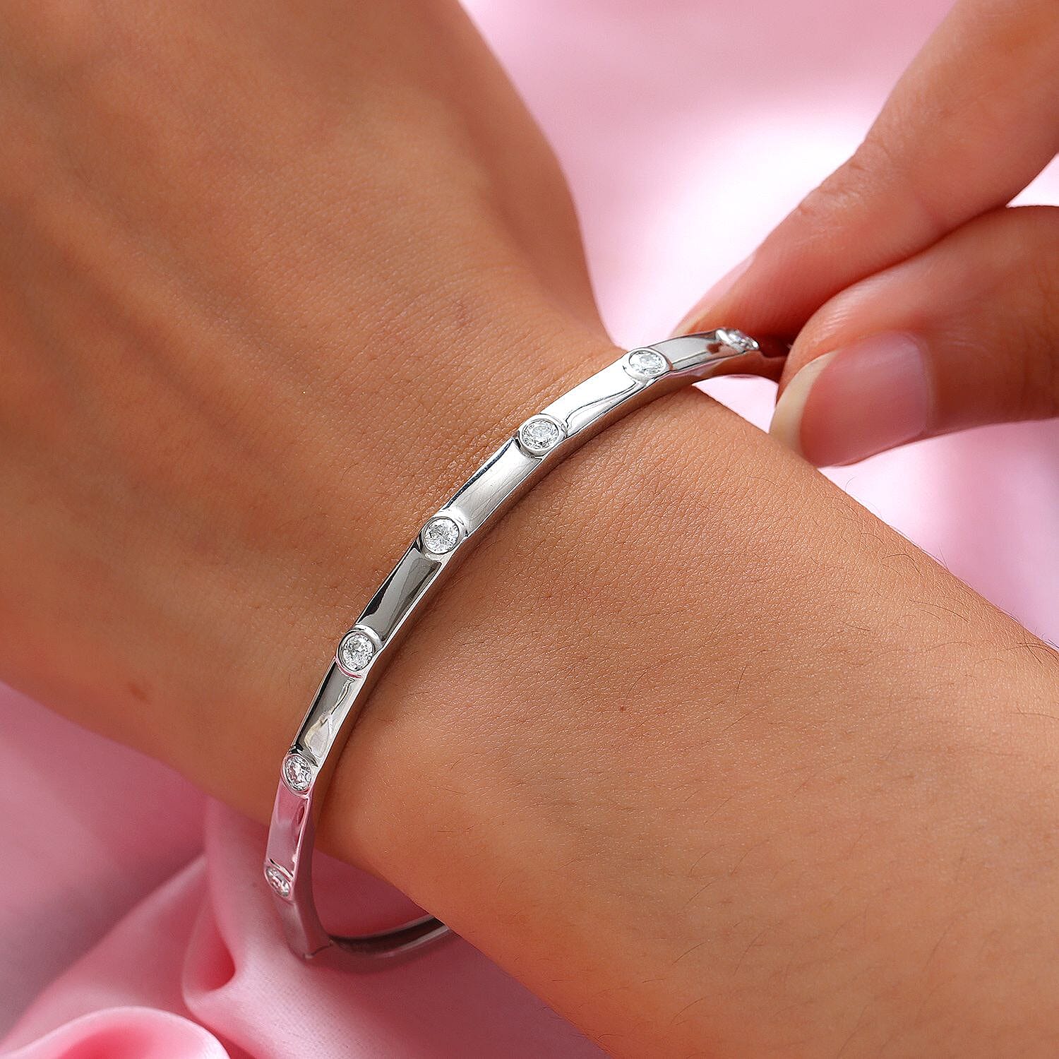 Moissanite Bangle (Size 7) in Platinum Overlay Sterling Silver, Silver Wt. 10.70 Gms