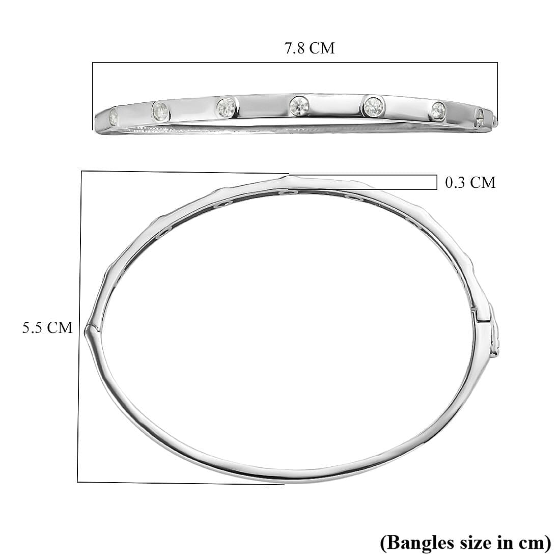 Moissanite Bangle (Size 7) in Platinum Overlay Sterling Silver, Silver Wt. 10.70 Gms