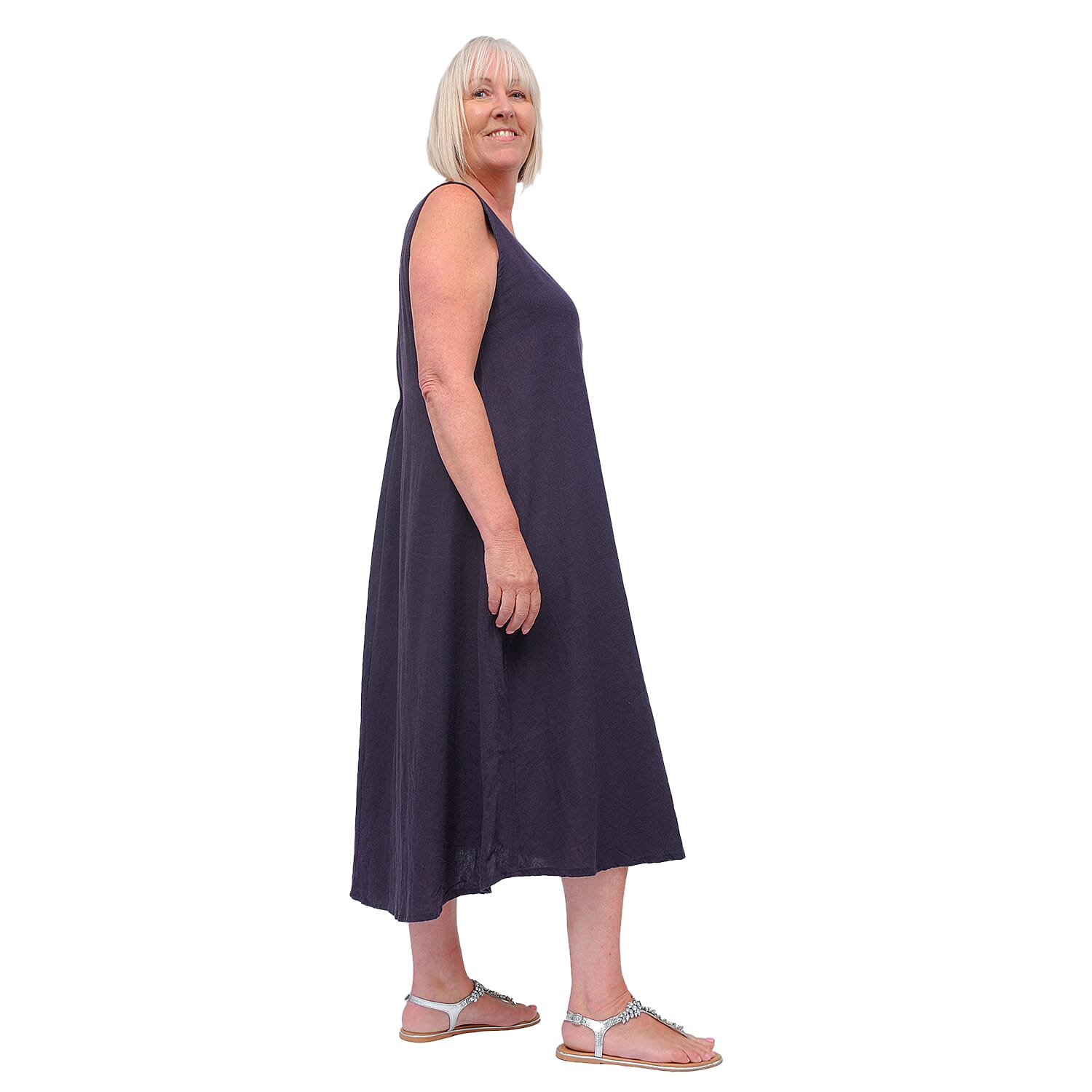 TAMSY Linen Blend Umbrella Dress (Size - One Size Curve) - Navy