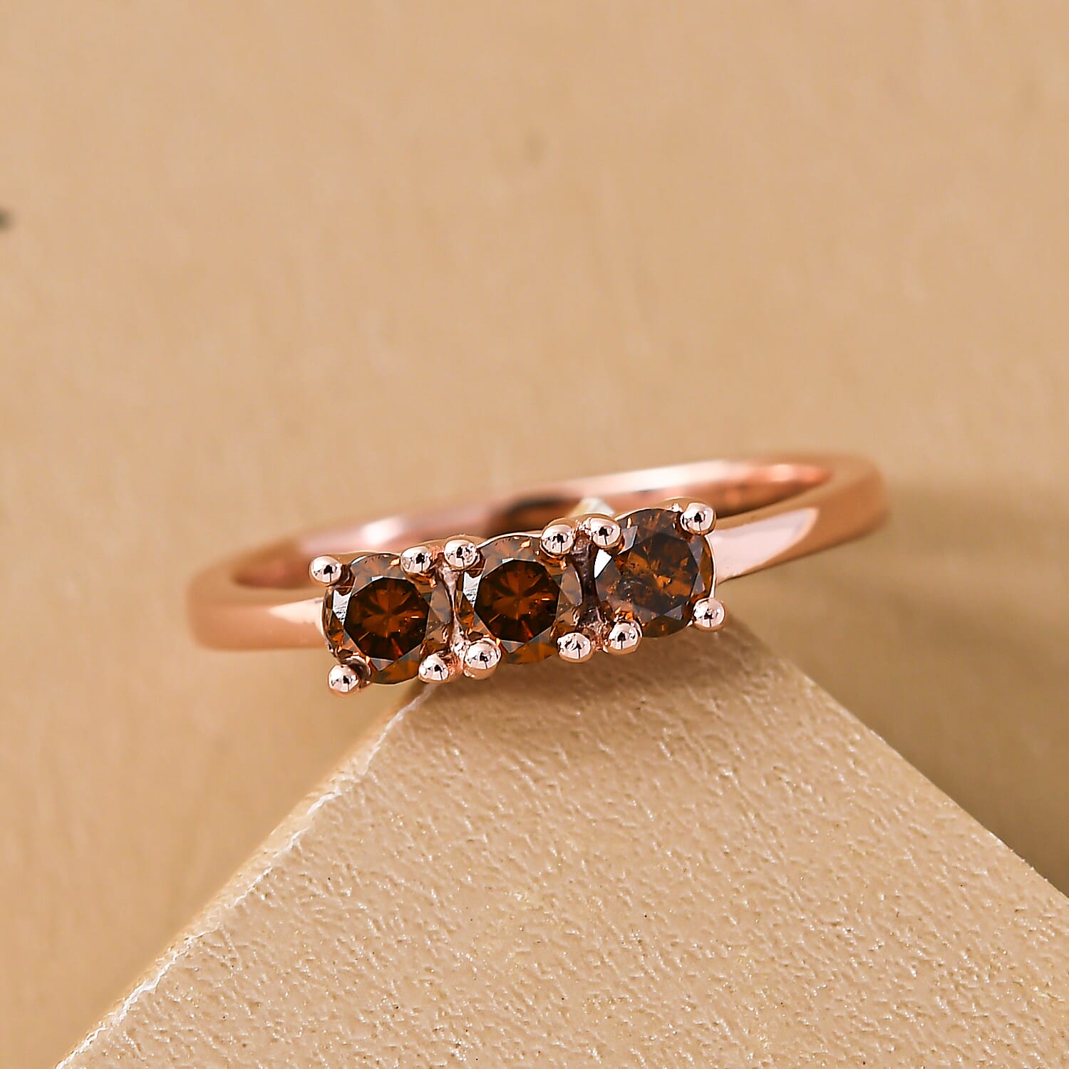 Close Out- Red Diamond Triology Ring in Vermeil Rose Gold Plated Sterling Silver 0.50 Ct.
