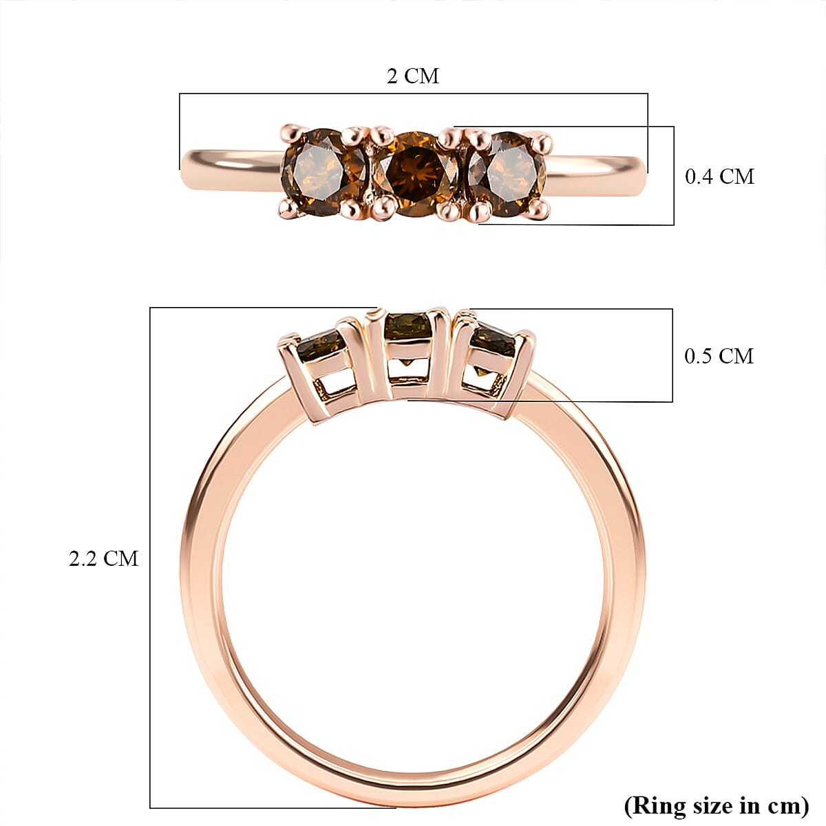 Close Out- Red Diamond Triology Ring in Vermeil Rose Gold Plated Sterling Silver 0.50 Ct.