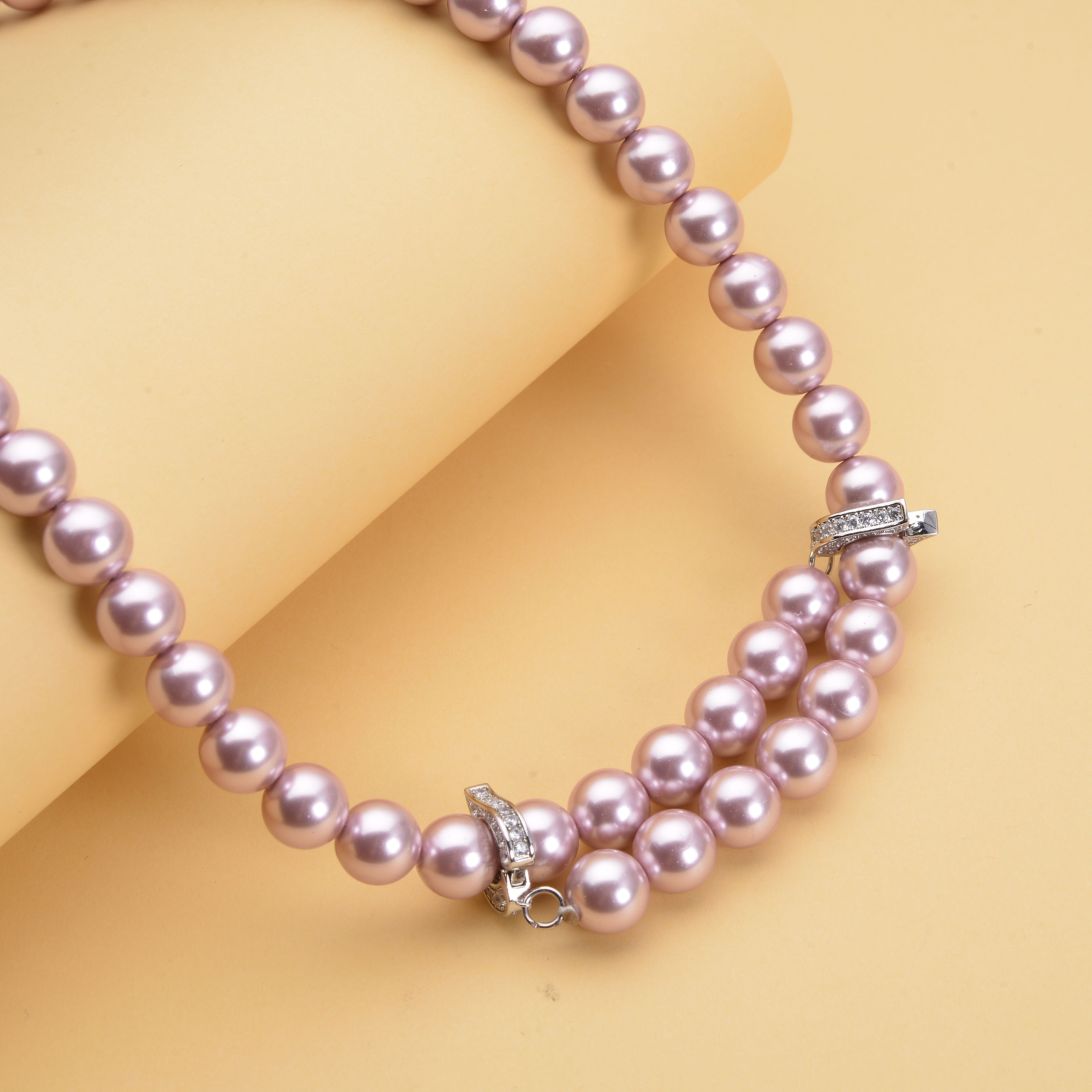 Simulated Diamond and Lavender Colour Shell Pearl Necklace (Size - 22) in Silver Tone