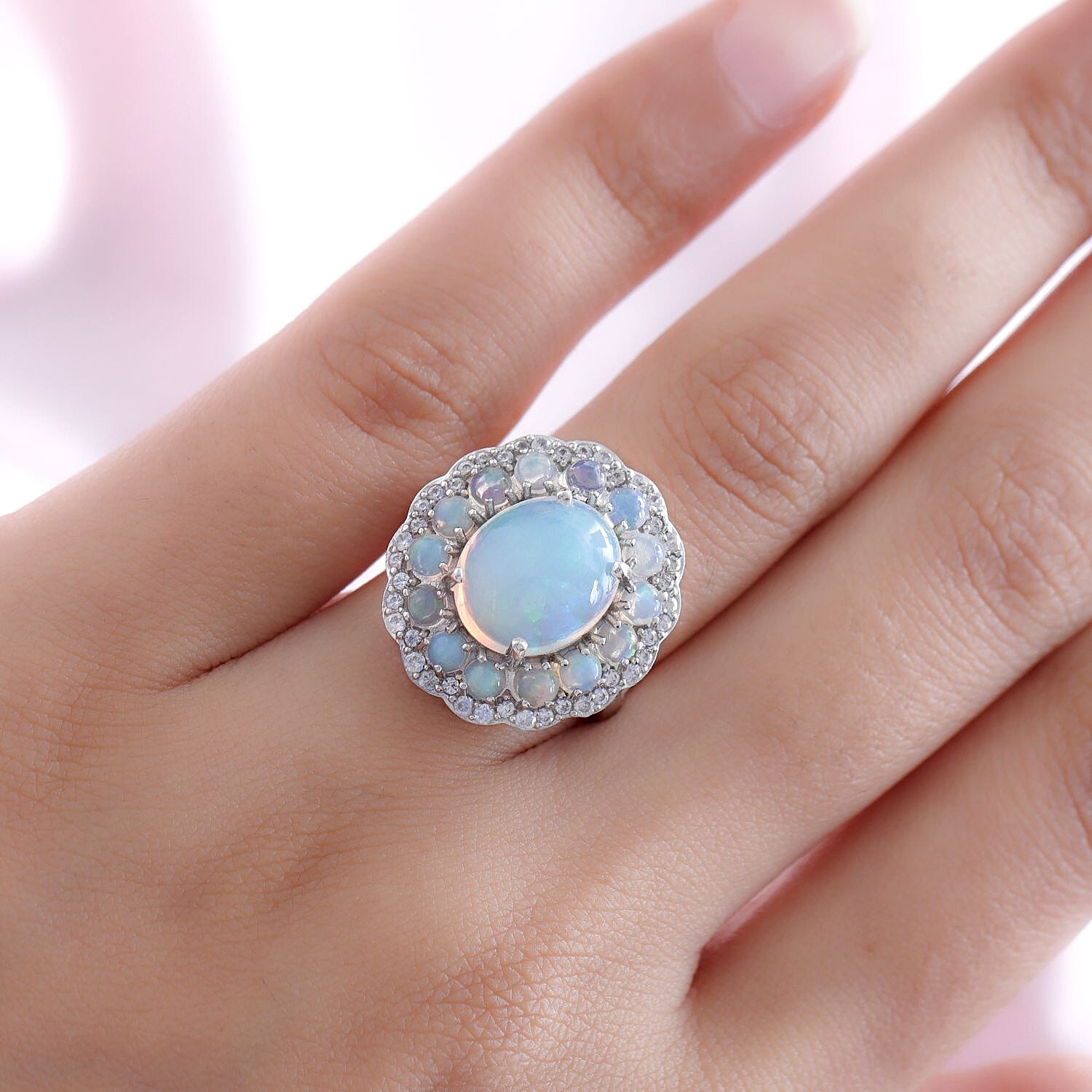 Ethiopian Welo Opal and Natural Zircon Ring in Platinum Overlay Sterling Silver 4.51 Ct.