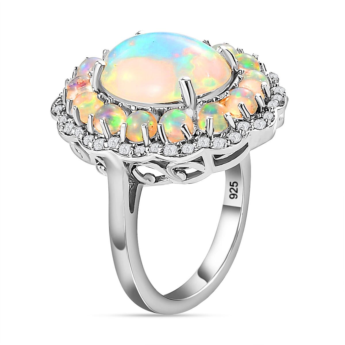 Ethiopian Welo Opal and Natural Zircon Ring in Platinum Overlay Sterling Silver 4.51 Ct.