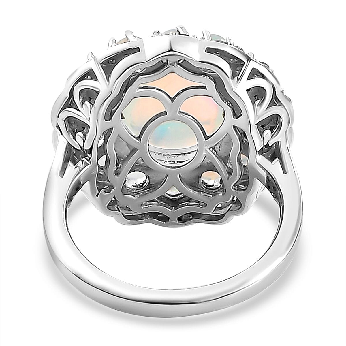 Ethiopian Welo Opal and Natural Zircon Ring in Platinum Overlay Sterling Silver 4.51 Ct.