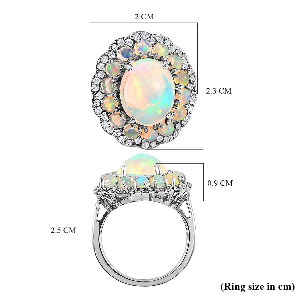 Ethiopian Welo Opal and Natural Zircon Ring in Platinum Overlay Sterling Silver 4.51 Ct.
