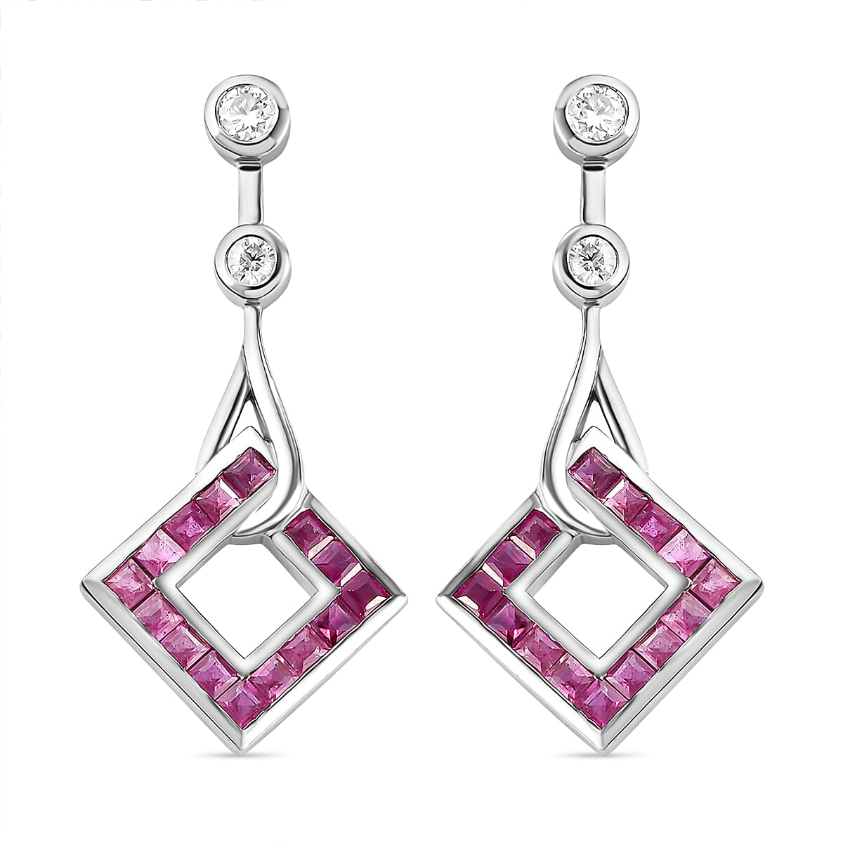 Cabo Delgado Ruby and Moissanite Dangle Earrings in Platinum Overlay Sterling Silver 2.86 Ct.