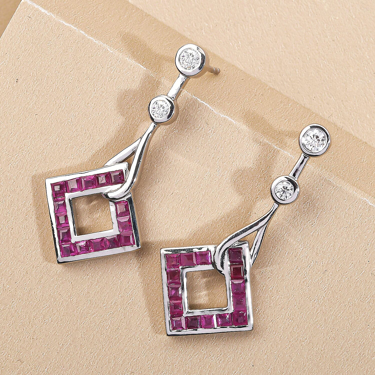 Cabo Delgado Ruby and Moissanite Dangle Earrings in Platinum Overlay Sterling Silver 2.86 Ct.