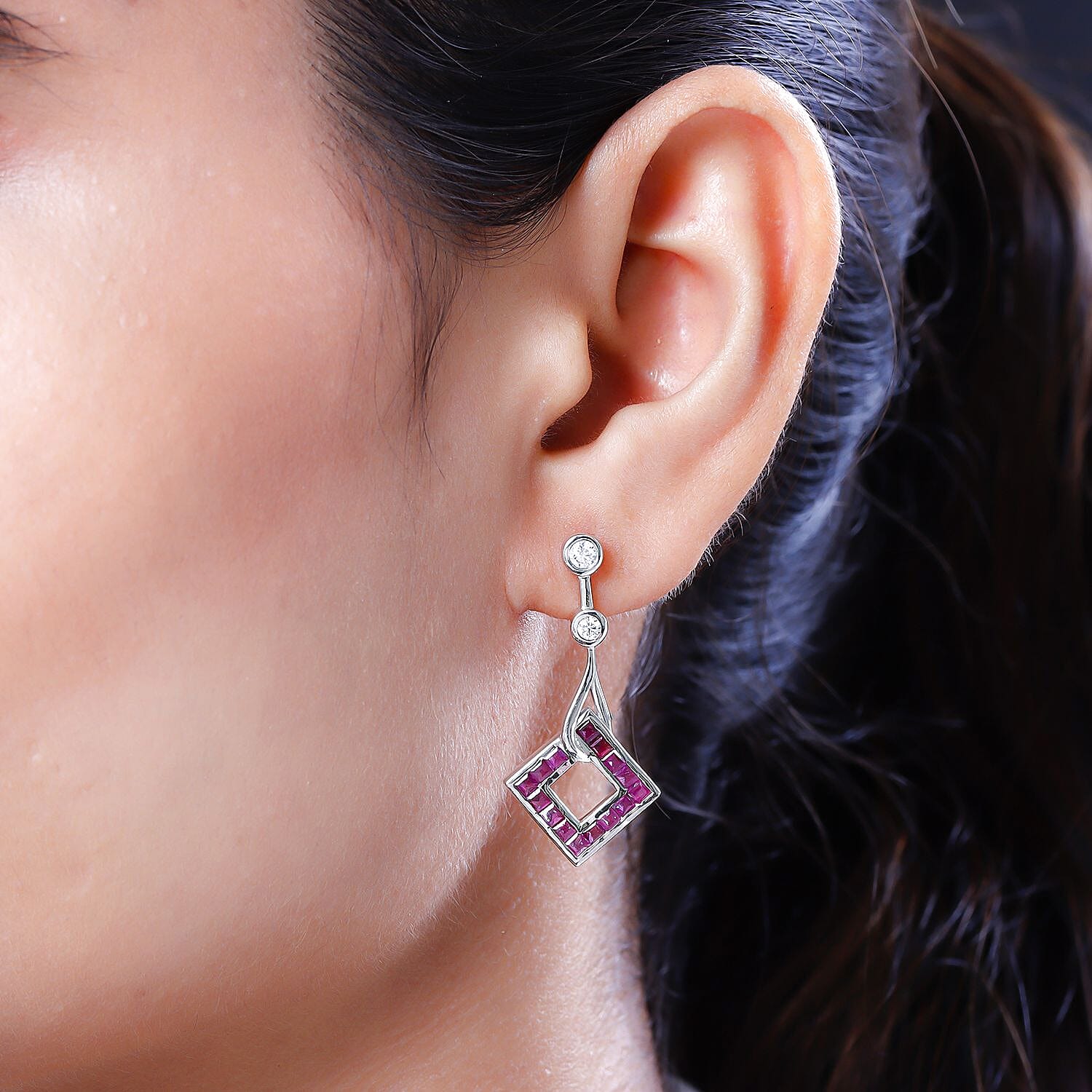 Cabo Delgado Ruby and Moissanite Dangle Earrings in Platinum Overlay Sterling Silver 2.86 Ct.